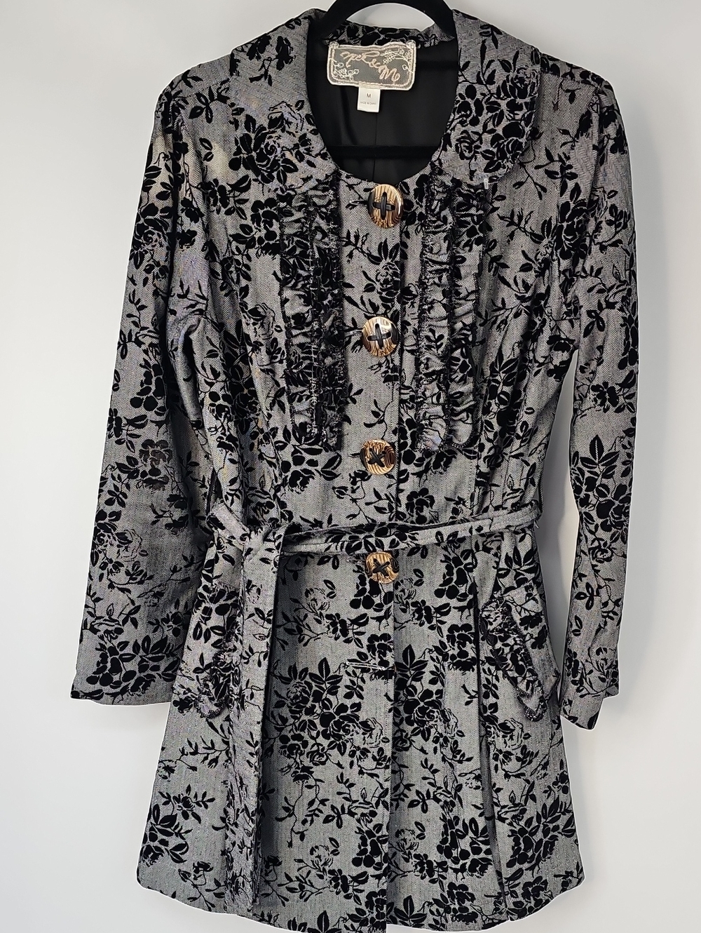 Cottagecore Floral Flocked Velvet Burnout Longline Pleated Peplum Jacket Sz:M
